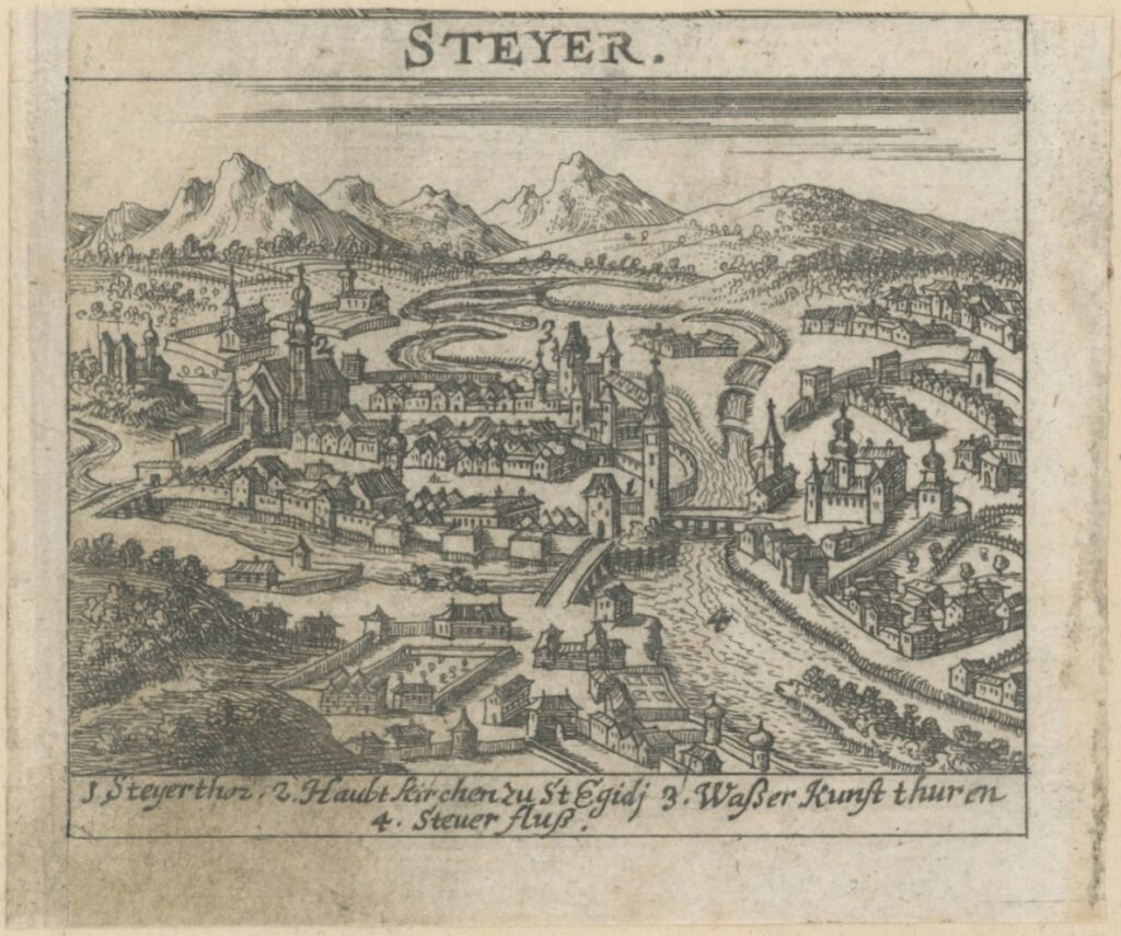 Stadtansicht von Steyr von Krekwitz aus dem Jahr 1686.