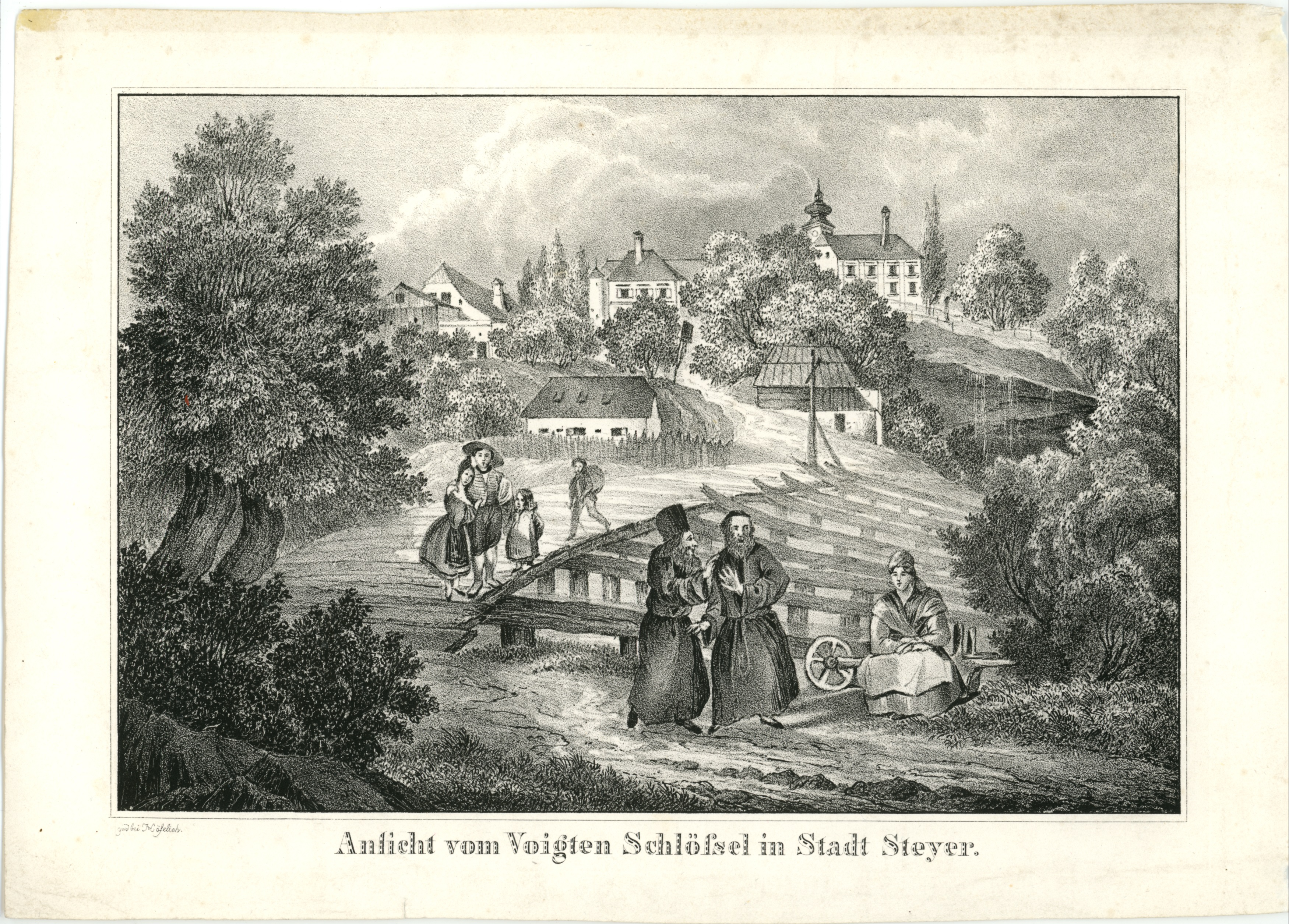 Eine Zeichnung des Schlosses Voglsang in Steyr.