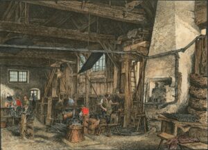 Das Innere eines Sensenhammers in Molln bei Steyr. Kolorierter Stich.